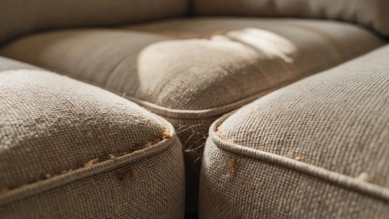 Dirt and debris trapped in the seams of a corner sofa