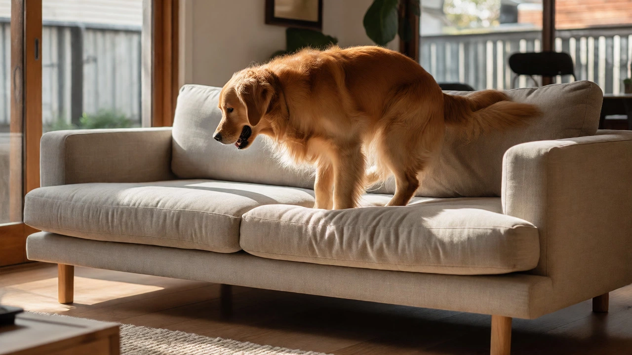 Dog jumping onto a durable performance fabric sofa in a sunlit modern living room