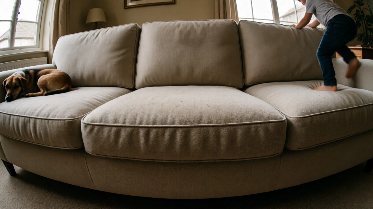 Durable family sofa in a living room with pets and kids