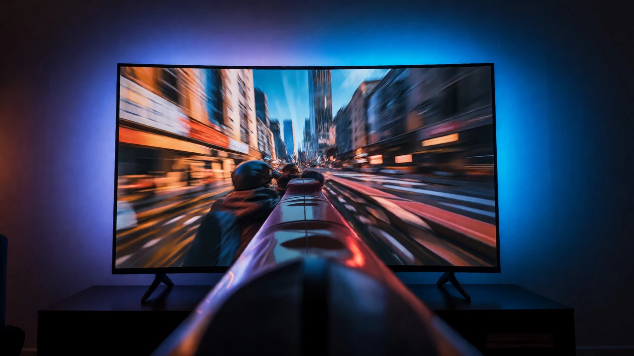 First-person view of a gamer sitting close to a 55-inch TV for immersive 4K gaming.