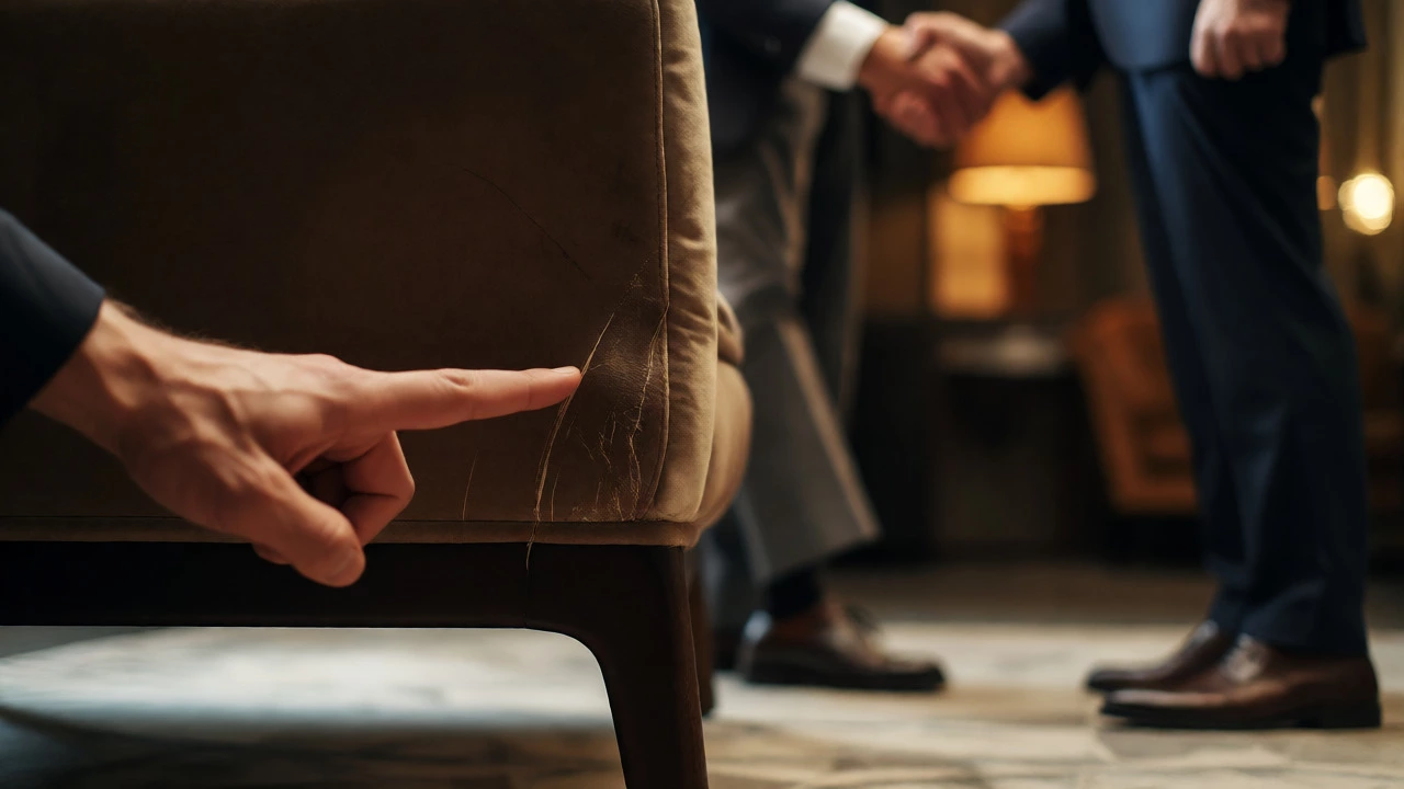 Hand pointing out scratch on chair leg during negotiation