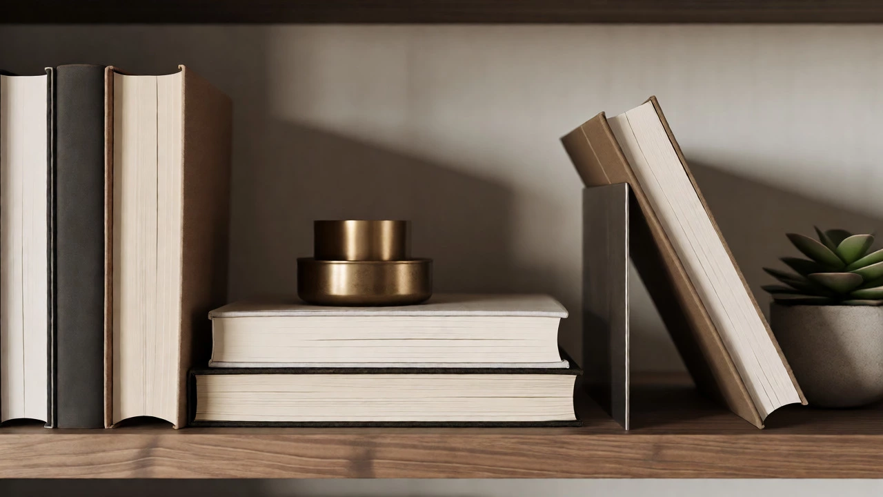 Horizontal book stack with candle next to angled book and succulent on shelf