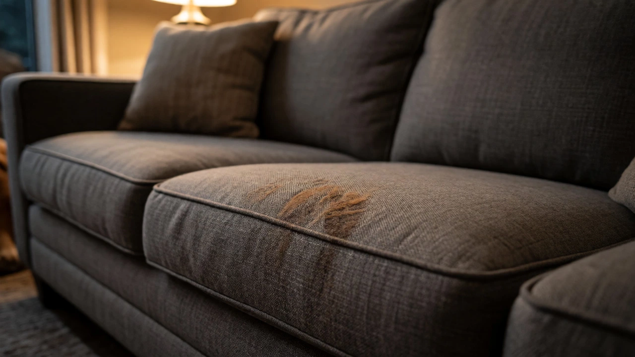 Medium grey sofa with dog hair blending in during a cozy evening