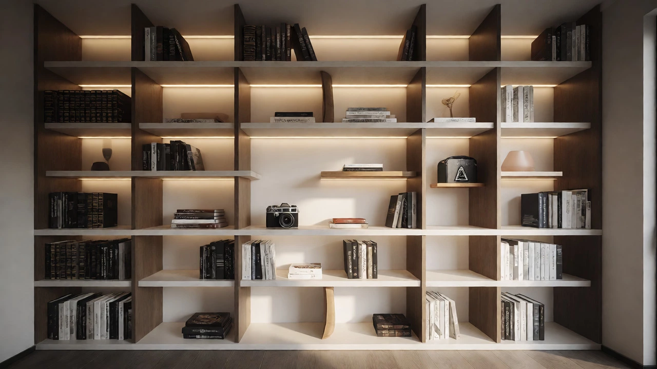 Modern living room bookcase with asymmetric styling and integrated lighting