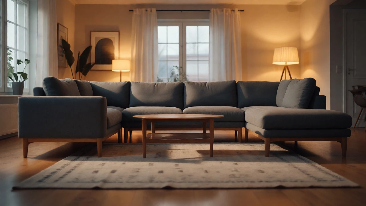 Modern U-shaped sectional sofa with exposed legs in bright living room
