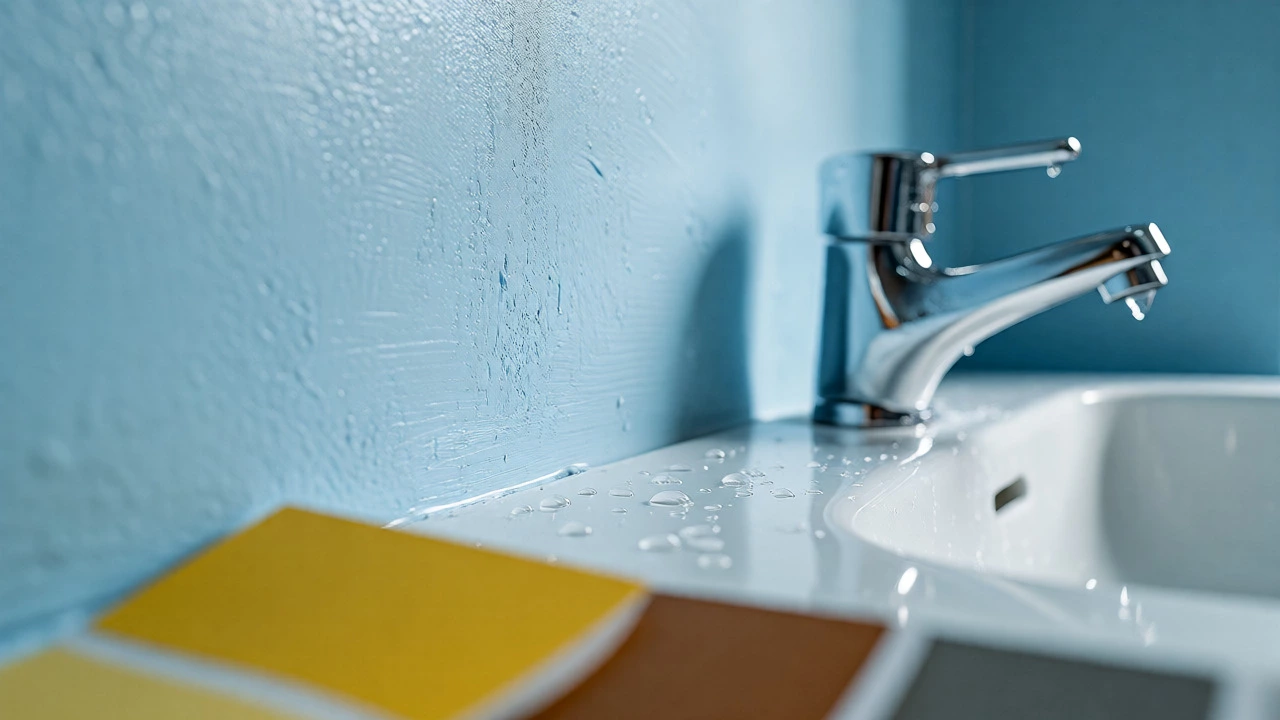 Pale blue bathroom walls with paint swatches showing color value differences