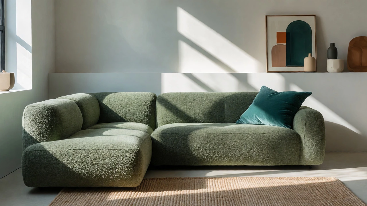Sage green textured corner sofa against a smooth white wall