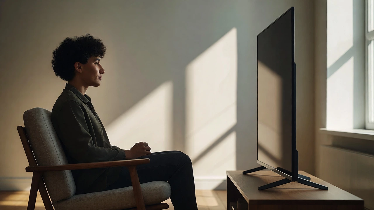 Side profile illustrating correct eye-level alignment with the center of a 55-inch TV screen.