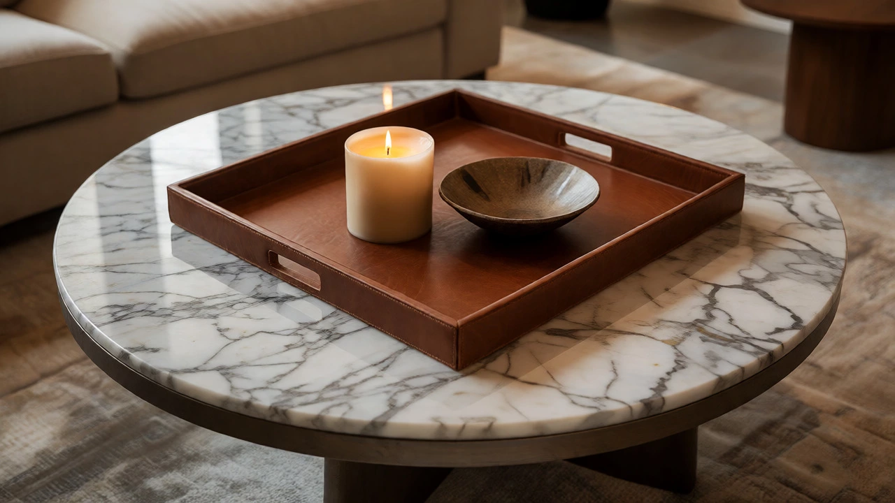 Square leather tray on round marble coffee table showing shape contrast.