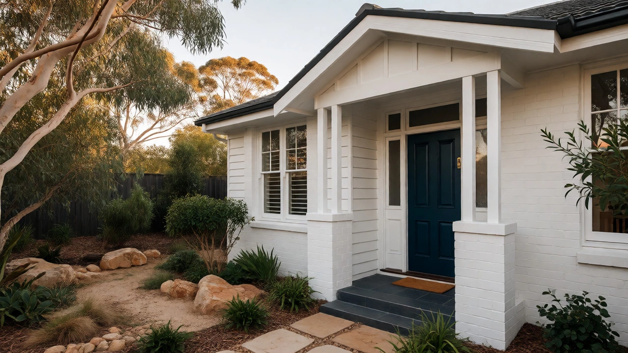 Suburban home exterior with navy blue front door and white trim at sunset