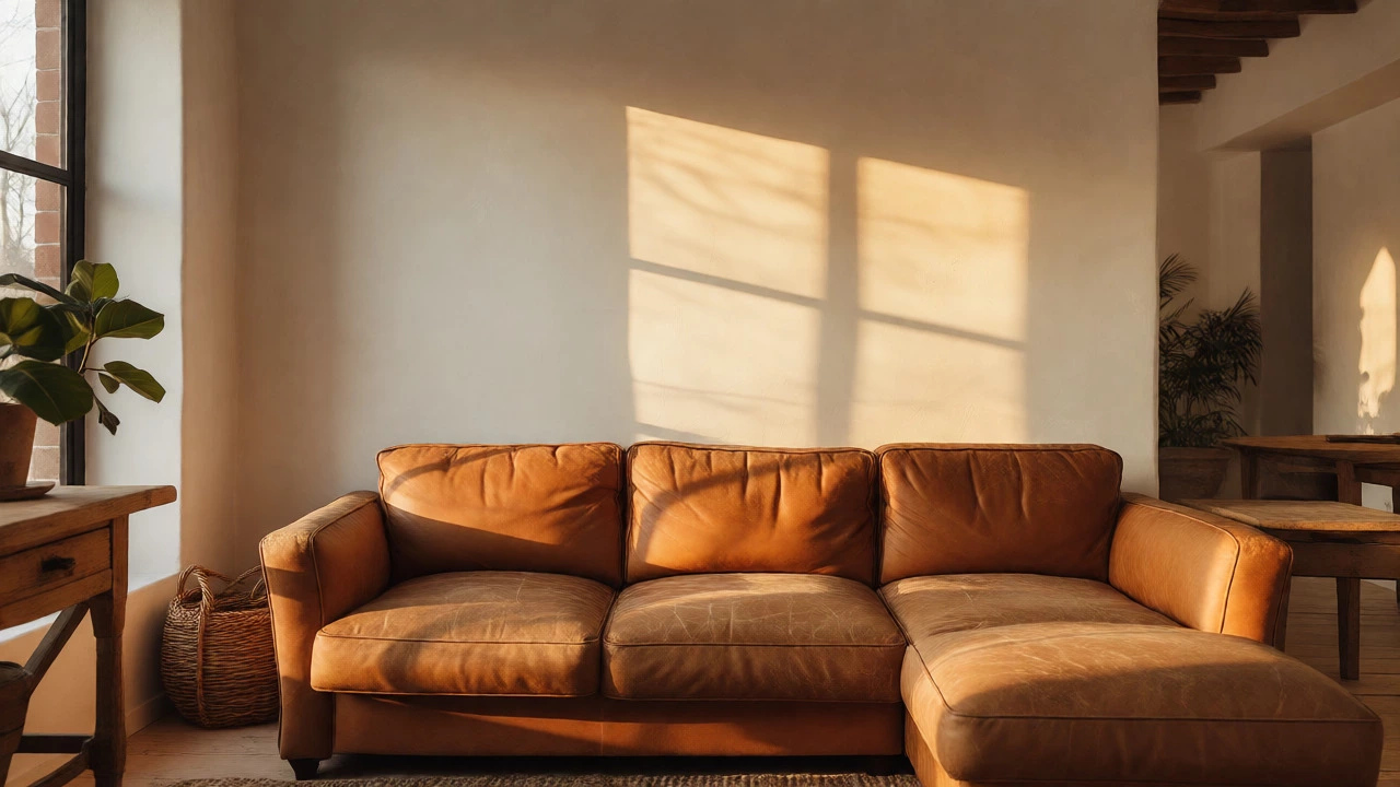 Tan leather corner sofa in a warm living room with cream walls