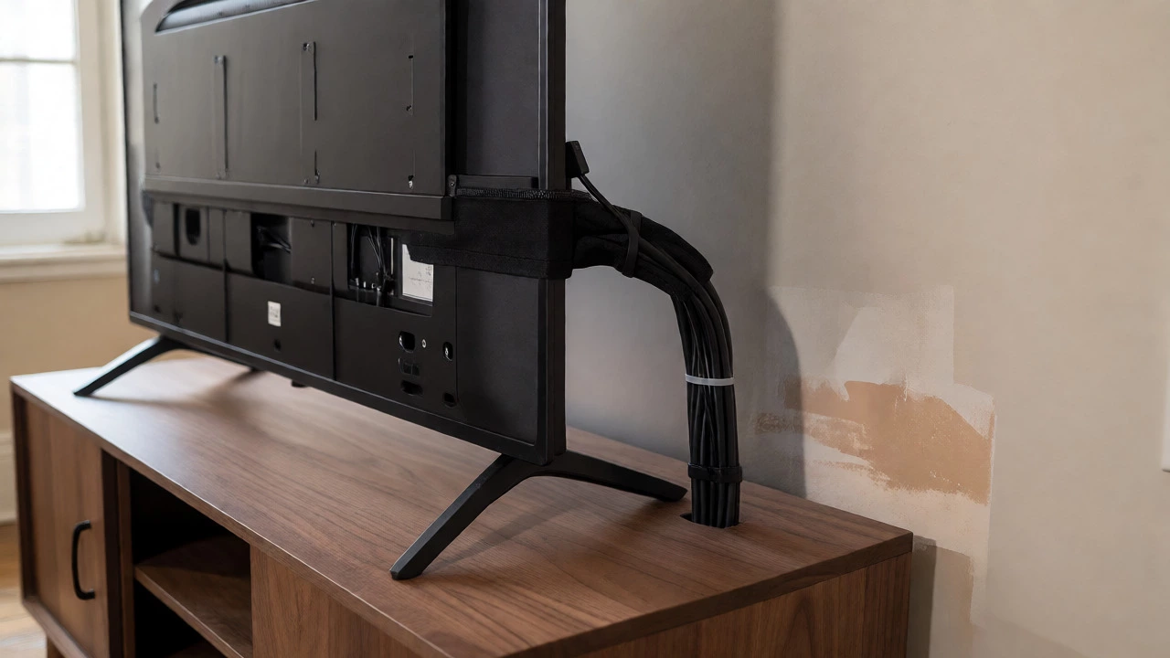 TV on stand with neat cable management and patched wall
