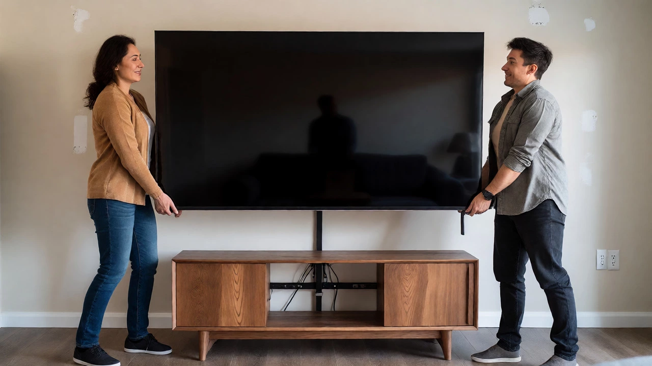 Two people moving TV from wall to new stand